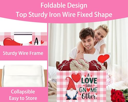 Image of Valentines Day Basket for Kids Heart Shaped Empty Storage Bins for Gifts with Handles Room Decor (Pink Grid Gnome Balloon Love)