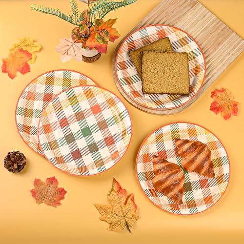 Image of 48Pcs Fall Plaid Paper Plates, Autumn Colors Party Plates