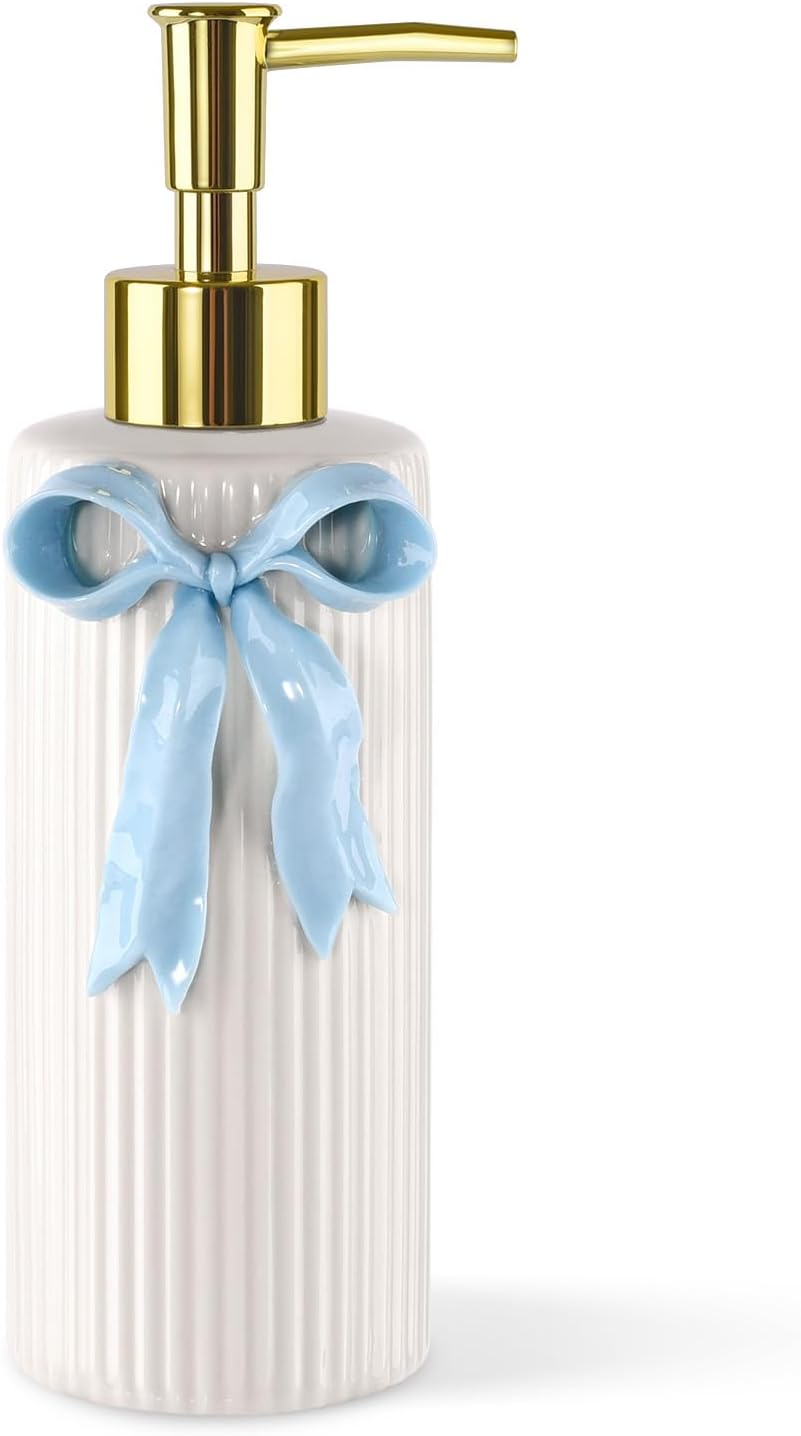 Handmade Ceramic Cute Bow Hand Soap Dispenser,Ribbon Blue