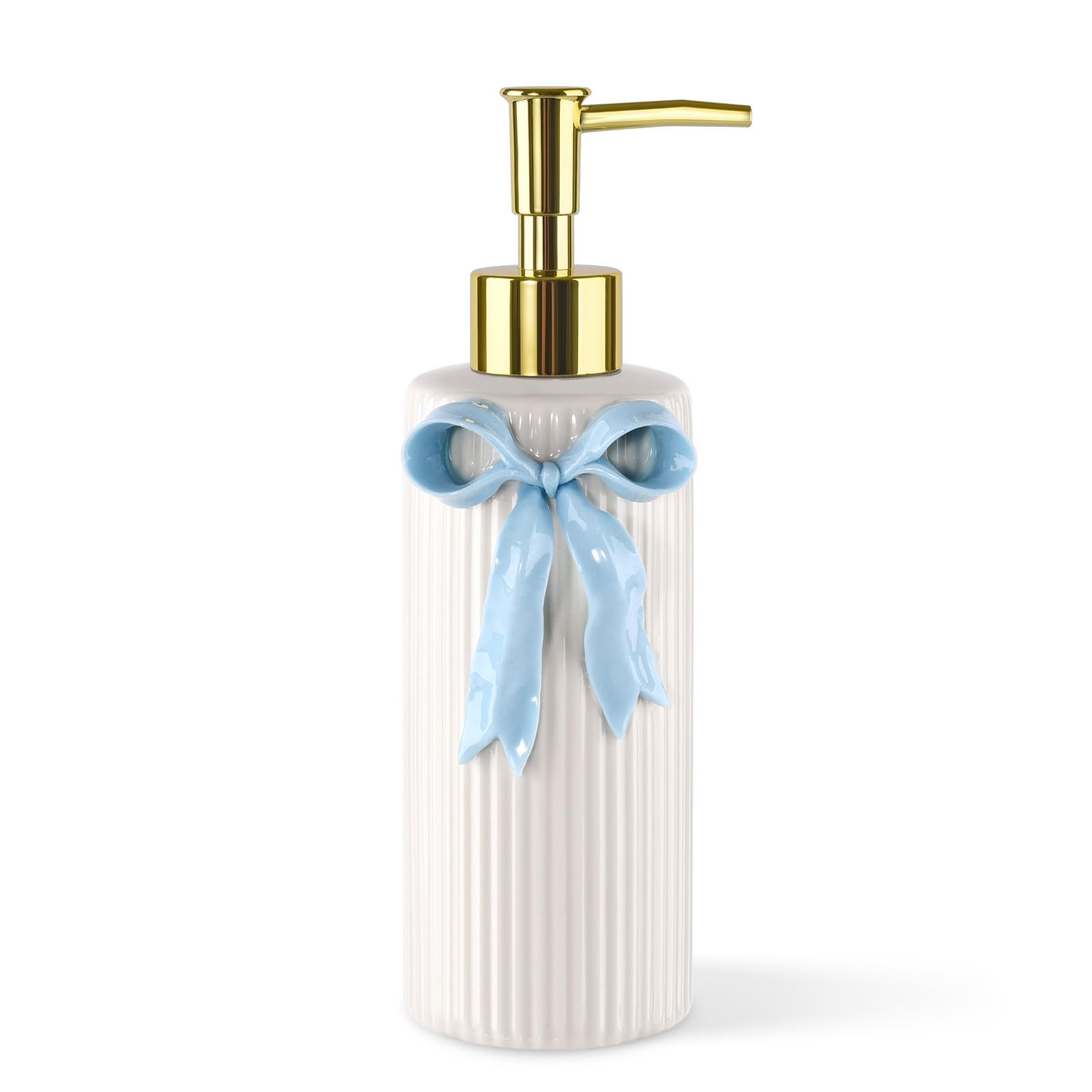 Handgefertigter Seifenspender aus Keramik, Schleife, Handlotion, Flüssigkeitsspender, nachfüllbar, für Küche und Badezimmer, dekorativ (Band blau)