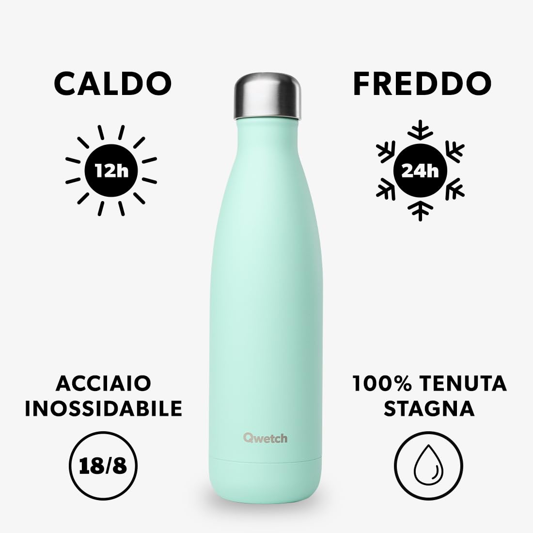 Qwetch - Borraccia Termica 500 ml in Acciaio Inox Verde Pastello - 24h Freddo, 12h Caldo - Ermetica, Senza BPA & Riutilizzabile - Bottiglia Termica per Sport, Ufficio, Viaggi, Escursioni
