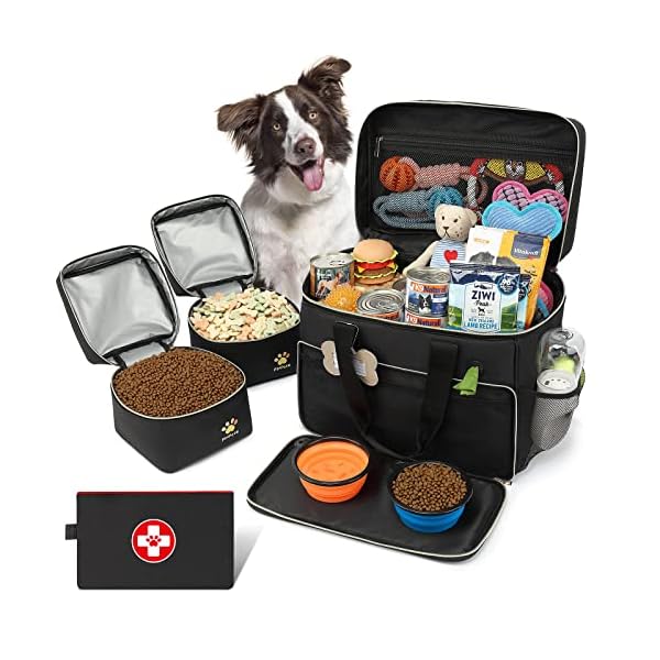 Pmpete-Dog-Travel-Bag-Airline-Approved-Week-AwayOvernight-Accessories-Tote-Organizer-with-Multi-Function-PocketsPet-Travel-Set-for-Dog-and-Cat2-Collapsible-Dog-Travel-BowlsBlack Pet Travel Set for Dog
