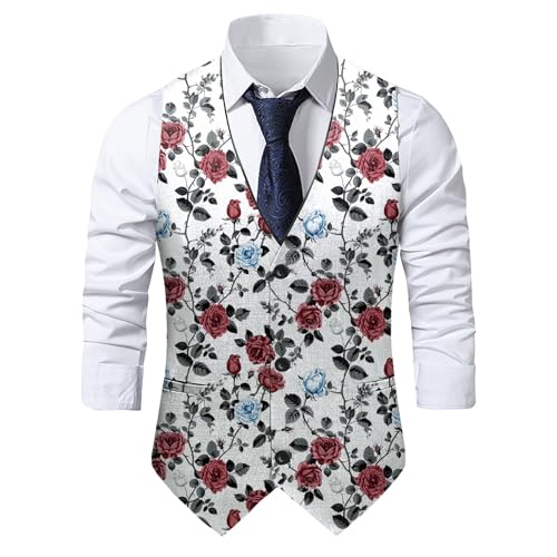 Mens Vintage Suit Vest V Neck 3 Button Heart Rose Printed Casual Waist-coat for Wedding Groomsmen Formal Vest
