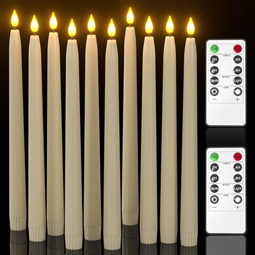 Yme 10pcs LED Ivory Tapered Candles with Remote and Timer, Plastic Warm White Window Lights Battery Operated for Candlesticks Wedding Halloween Christmas Decorations