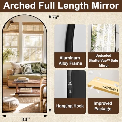 Image of Full Body Mirrors Arched Large Full Length Mirror with Stand Aluminum Wall Mounted Hanging or Leaning Standing Mirrors (Black, 34 inchx76 inch)