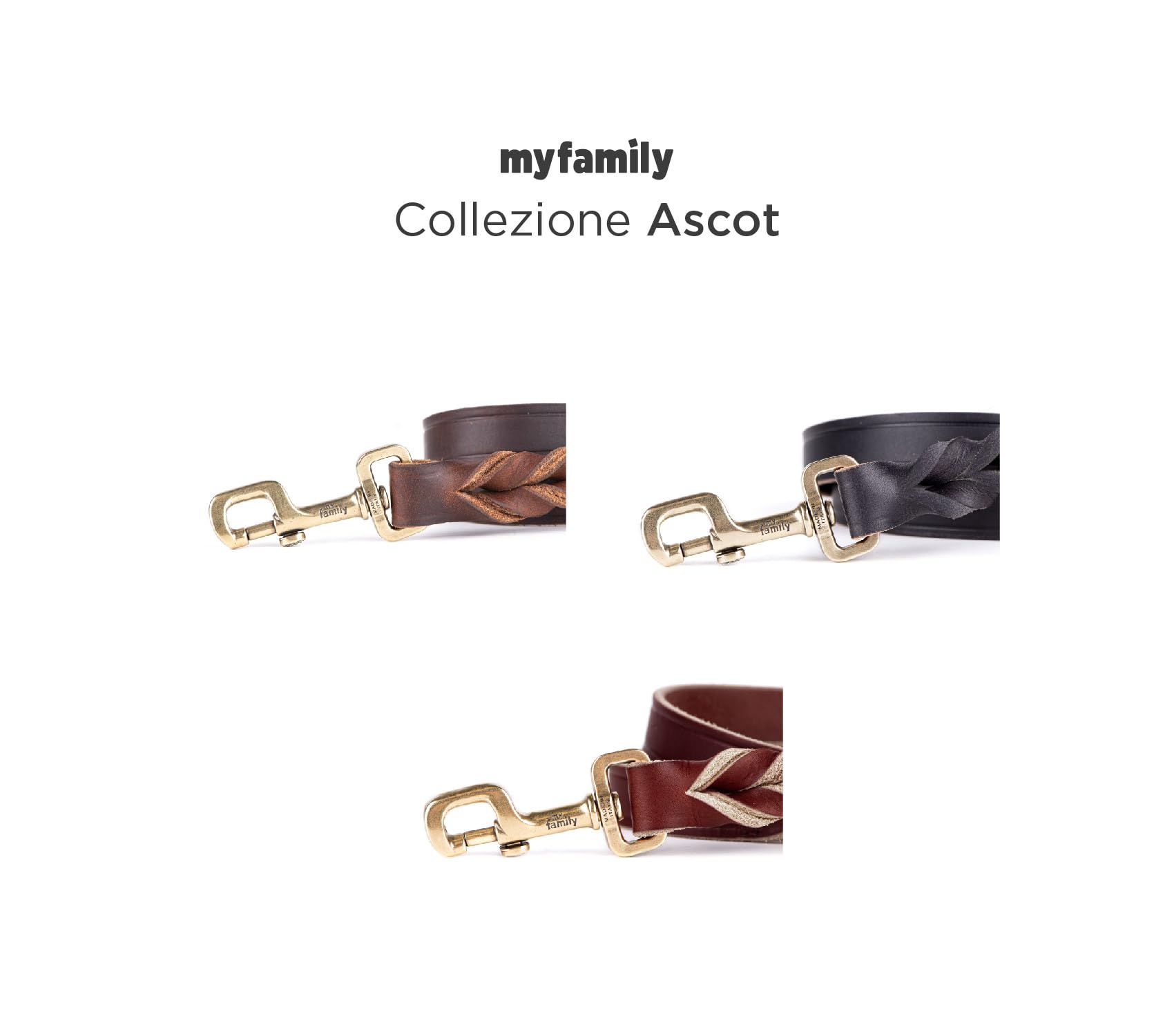 MyFamily Guinzaglio per Cane in Cuoio Ingrassato Made in Italy, Finiture Metalliche in Ottone Inglese, Pratico e Confortevole, Fatto a Mano, Collezione Ascot