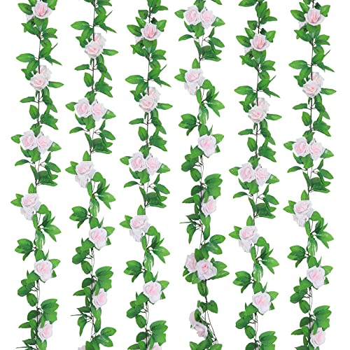 Pauwer 6pcs (2,45 m Chaque Mèche) Fleur Artificielle Vigne 9 Têtes Rose de Fleurs Fausse Fleur Suspendue Guirlande pour Le Jardin de Mariage,Rose Cover