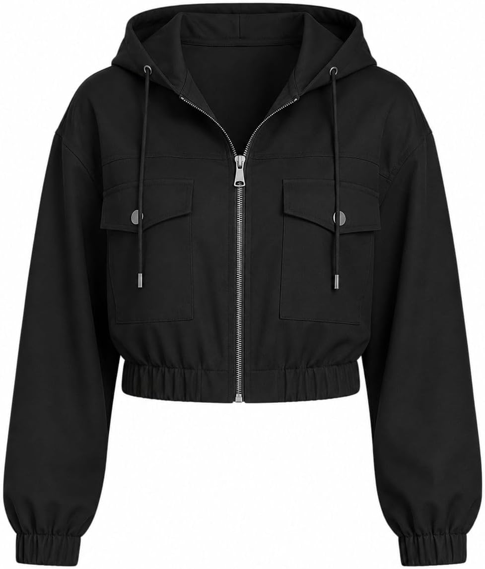 Womens Cropped Hooded Zip Up Jacket Lightweight Casual Fashion Jacket with Flap Pockets