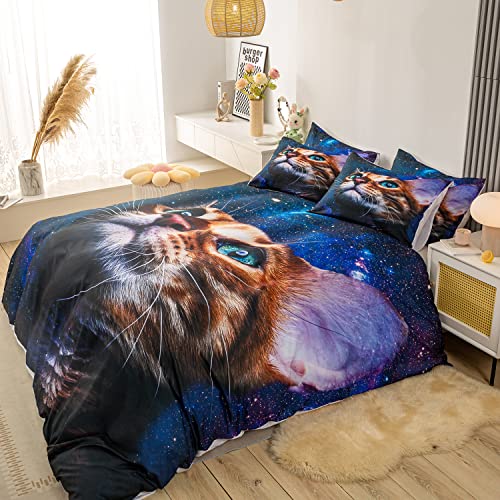 Cat Duvet Cover, 3D Galaxy Bedding Set, Galaxy Theme Cartoon Cat Pattern Printed, 3 Piece Duvet Cover Set Queen, Soft Lightweight Microfiber With Zipper Closure 4 Corner Ties, No Comforter #TOP2