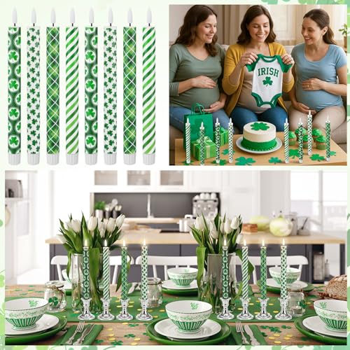 Huquary 8 Pcs Irish Theme Flameless Taper Candles 10 Inch Flameless LED Candles with Shamrock and Green Patterns, Battery Operated Electronic for Home Decor, Party, Holiday Decoration Dinner Table