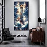 Stormy Lighthouse Canvas Wall Art, Lighthouse Beacon at Sea Canvas Print, Nautical Home Decor, Coastal Wall Art, Ocean Landscape Art, Bathroom Decor, Nautical Lovers Gift (Black Framed, 15'x31'|40x80cm)