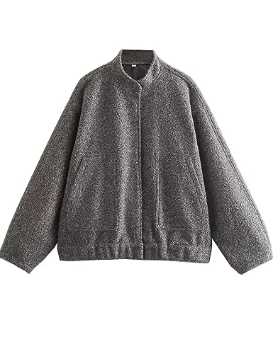 Kissonic Womens Wool Blend Jacket Oversized Bomber Jacket Casual Stand Collar Button Down Varsity Shacket Coat Outerwear
