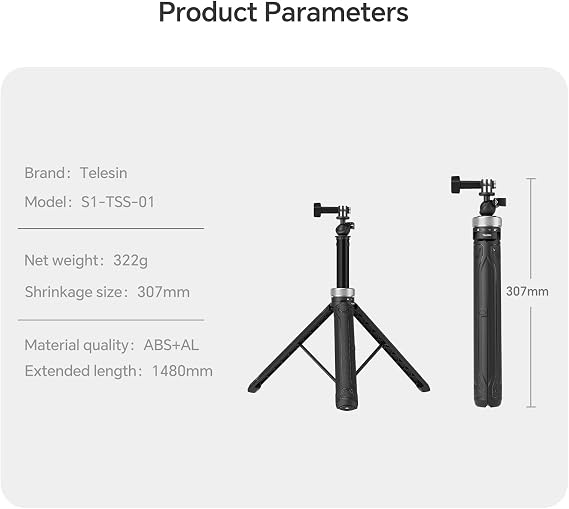 TELESIN 59in Long Selfie Stick Tripod for GoPro,360 Ball Joint Extension Pole Monopod Handle Grip for GoPro Max Hero 13 12 11 Insta360 X5 X4 Ace Pro DJI OSMO Namo 360 Action 6 5 Pro 4 Pocket 4 3 Xtra