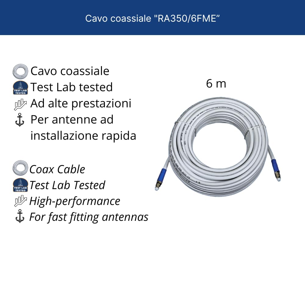 Glomex – Cable coaxial RG-8X de baja pérdida 6 m (50 ohmios), modelo RA350/6FME – Conectores FME preinstalados, ajuste rápido, para antenas Glomeasy VHF/AIS/DAB, para barcos, barcos, barcos, yates