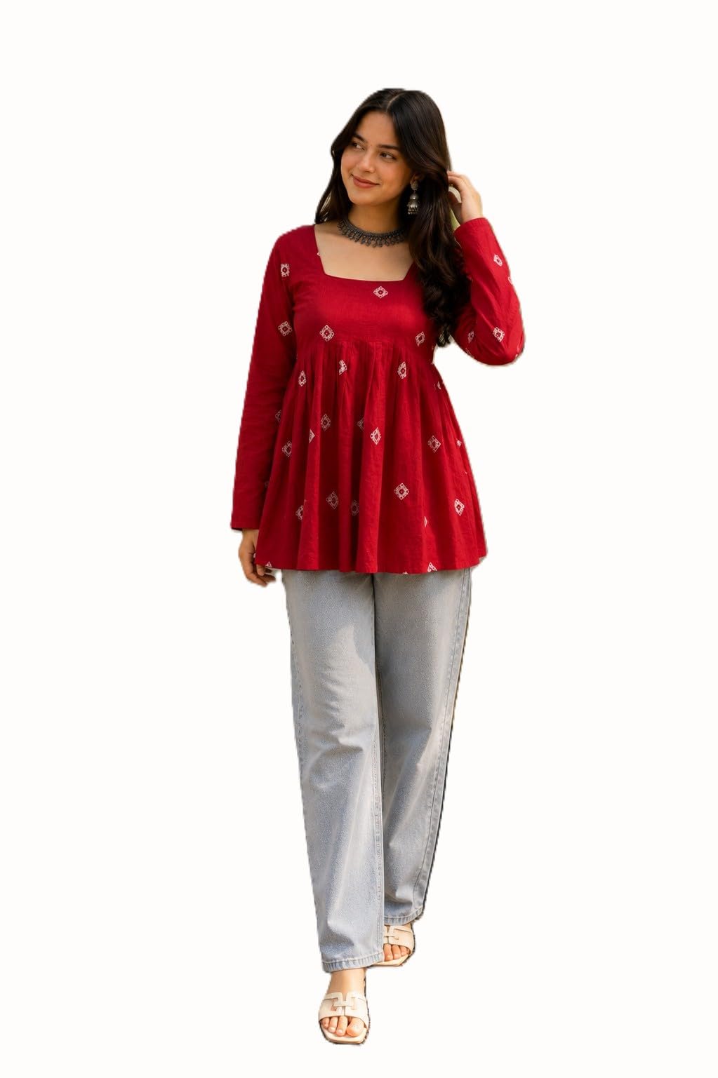 Women's Red Embroidered Short Kurti, Square Neck, Long Sleeves, Flared Peplum Style Top-picture-55