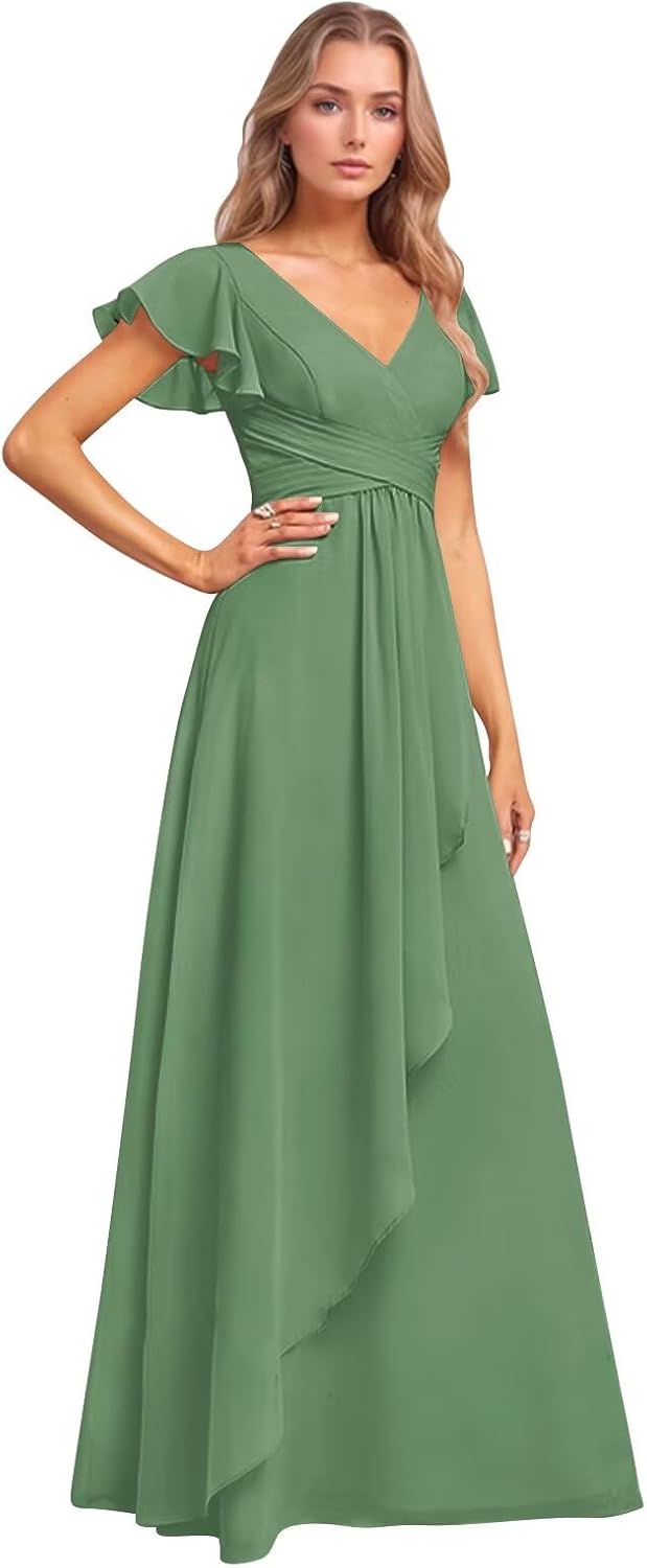 Chiffon Bridesmaid Dresses for Women Long Ruffles V-Neck Formal Maxi Agave Wedding Party Gowns