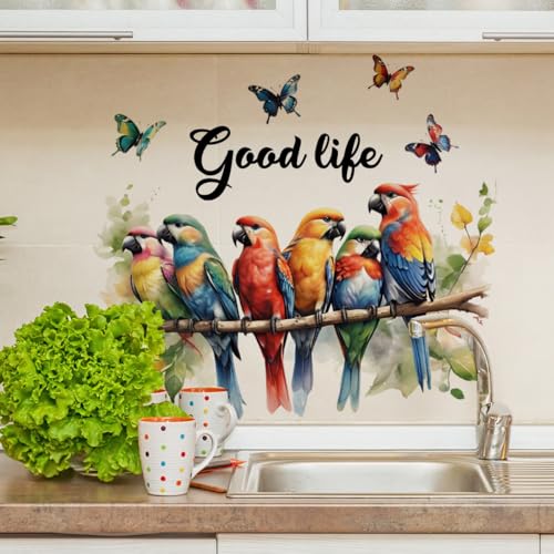6 Colorful Parrots on Tree Branch Jungle Wall Decals Peel and Stick Vinyl Rainforest Birds Wall Stickers & Murals for Kitchen Cabinet Door Baby Nursery Wall Decor Tropical Wallpaper with Butterflies