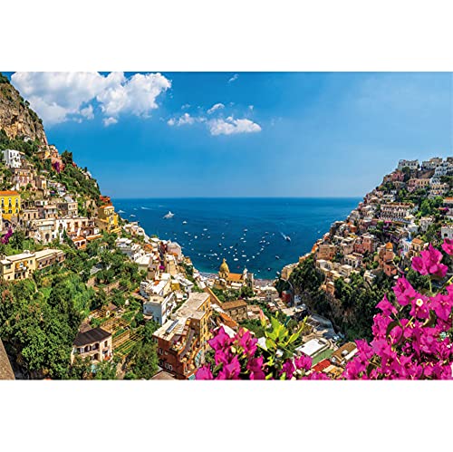 AWERT 1,5x1m Italie Manarola Village Paysage Toile de Fond Printemps Décors pour Photographie Jardin Fleur Fleur Vert Montagne Village Paysage Naturel Décor Intérieur Adulte Enfants Photo Studio Prop Cover