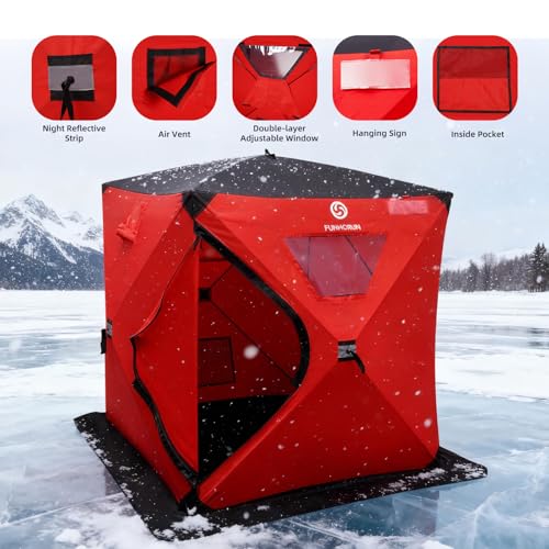 FUNHORUN Ice Fishing Shelter with Removable Floor Mat, 1-2 Person Pop Up 300D Ice Fishing Tent, 58 Inch Portable Hub-Style Shanty with Anchors, Ropes and Carrying Bag, Non-Insulated by FUNHORUN - Image 3