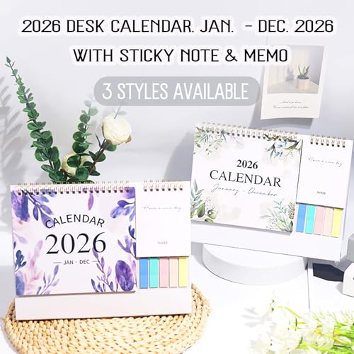 Small Desk Calendar 2026, Standing Desktop Calendar 12 Months(Jan. 2026 - Dec. 2026), 2 in 1 Flip Calender with Sticky Note & Memo Pages, 9"x10", Thick Paper Floral Calendar for Home School and Office (Floral) — view 6