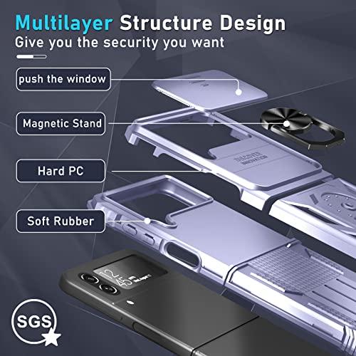 Janmitta Samsung Galaxy Z Flip 4 Case Built In Slide Camera Lens Cover+Hinge Protection+Finger Ring Stable Kickstand, Heavy Duty Shockproof Full Body Protective Phone Cover,2022 Girly Purple #TOP4