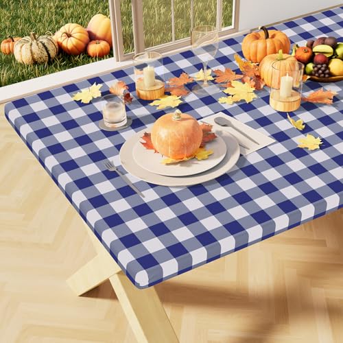 misaya Buffalo Rectangle Picnic Tablecloth, 4 Foot Elastic Fitted Vinyl Table Cloth with Flannel Backing, Waterproof Plaid Table Covers for Dining, Camping, Outdoor (Navy and White, 24" x 48")