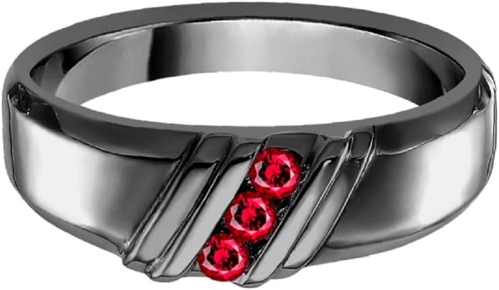 925 Sterling Silver Round Cut Red Ruby Gemstone Wedding Band Pinky Ring for Men's In 14K Black Gold Finish
