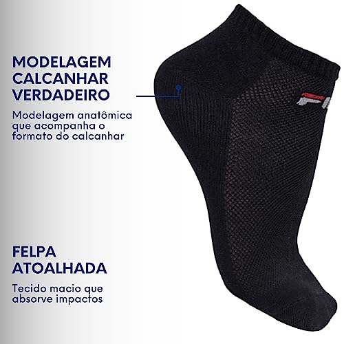 Kit 06 Pares Meia Cano Curto Light Esportiva Soquete Sola Atoalhada Unissex Adulto | 6 Pretas | 34-3