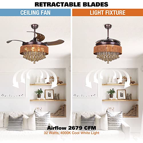 Parrot Uncle Ceiling Fans With Lights And Remote Modern Bedroom Ceiling Fan With Light And Retractable Blades Crystal Chandelier Ceiling Fans, 4000K Cool White Lights, 46 Inch, Bronze #TOP6