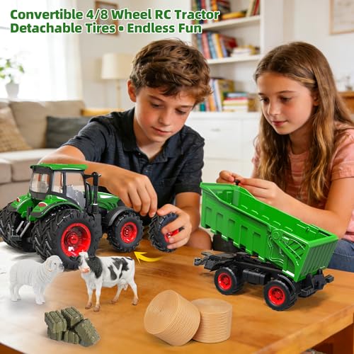 Remote Control Tractor Toy with Trailer | 2-in-1 8-to-4 Wheel Convertible Front Loader 2.4GHz RC Vehicle, Hood, LED Lights & Openable Doors, Hay Bales & Farm Animals, Gift for Kids Ages 3-8 - Image 7