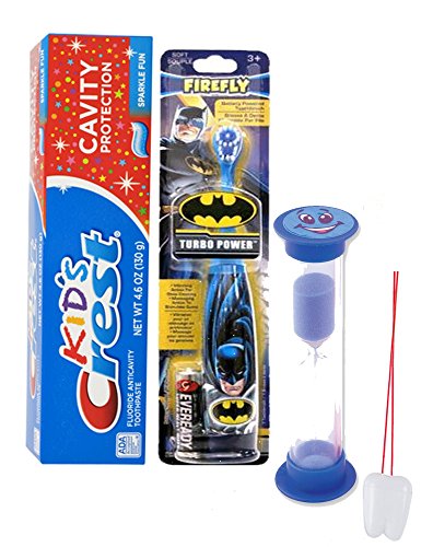 Batman Super Hero 3pc Bright Smile Oral Hygiene Set! Batman Turbo Spin Toothbrush, Crest Kids Toothpaste & 2 Minute Brushing Timer! Plus Bonus 'Remember to Brush" Visual Aid!