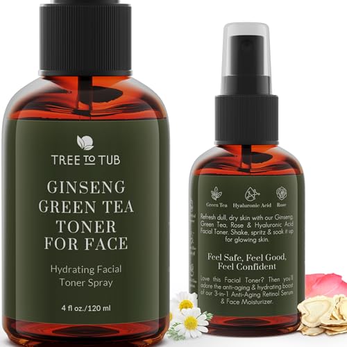Tree To Tub Spray de tóner facial hidratante para pieles secas y sensibles, sin alcohol, hamamelis y agua de rosas, para mujeres y hombres con ácido hialurónico, vitamina C, té verde orgánico, ginseng