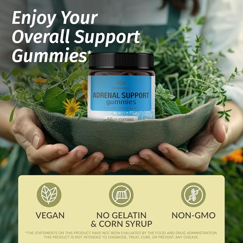 HERBAMAMA Adrenal Support Gummies - Pure Adrenal Complex Supplement for Women with Ashwagandha Root, Rhodiola Rosea & Magnesium - Vegan, Non-GMO - 60 Pectin-Based Blueberry-Flavored Chews