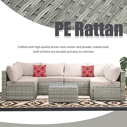 Jeteago Patio Conversation Set 7 Pieces Outdoor Rattan Sectional Sofa All-Weather Wicker Furniture Set With Washable Cushions & Glass Coffee Table For Garden, Poolside, Backyard #TOP6