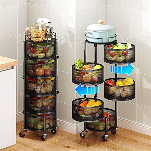 360°Kitchen Rotating Vegetable Rack, SAYZH 5 Tier Multifunctional Storage Trolley on Wheel with Detachable Baskets for Kitchen Living Room Bathroom Storage Organize