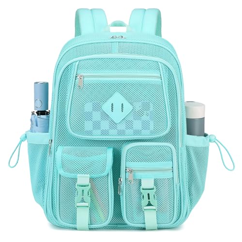 MOONBABY Mesh Backpack for School Heavy Duty See Through Net Bookbag Girls Boys Semi-Transparent Net Back Pack for Beach, Swimming, Sports, Work, Travel (Green)