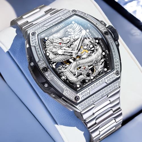 Image of OLEVS Automatic Men's Watches Fashion Diamond Dragon Skeleton Mechanical Self Winding Tourbillon Stainless Steel Waterproof Luminous Watches for Men