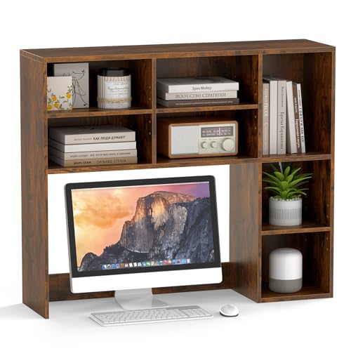 Giantex Desktop Bookshelf, Desk Hutch with 3 Adjustable Shelves & Open Compartment for up to 27” Monitors, Countertop Storage Organizer Display Rack for Home, Office, Dorm (Rustic Brown)