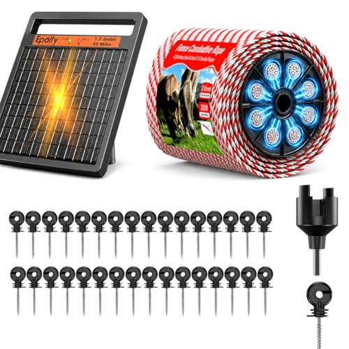 Solar Electric Fence Charger 1.2J Stored Energy, 45 Miles Coverage+Epoify Electric Fence Wire and Insulator Kit, 200m/656FT Polywire with 50 Screw-in Insulators & Installation Tool