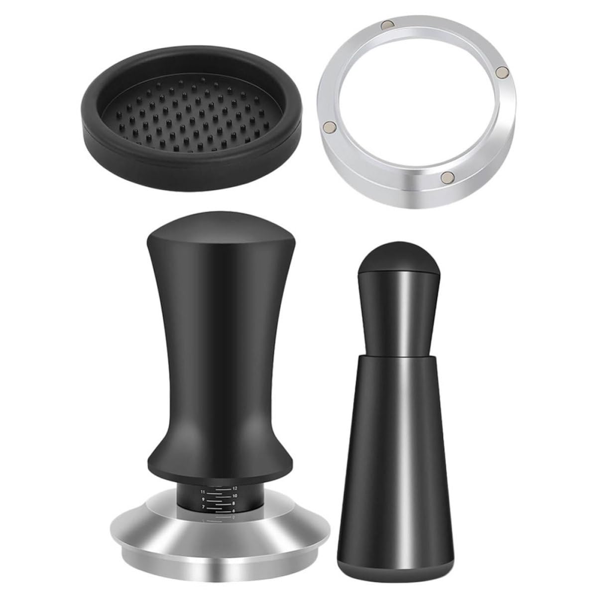 GALPADA Edelstahl Espresso Kaffeestampfer Satz mit Präzisem Dosierring und Nadelverteiler Silikonmatte Kompatibel mit Espressomaschinen Einfache Reinigung Schwarz