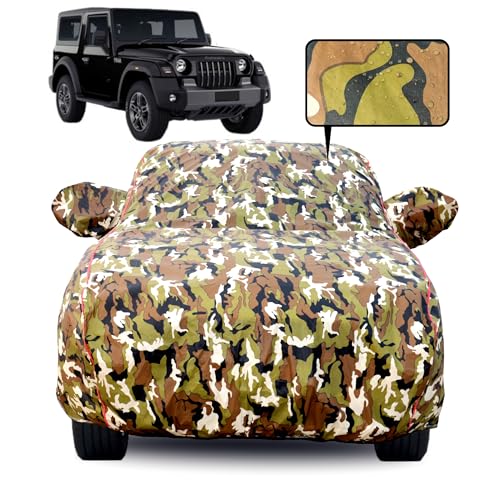 Image of Waterproof Car Body Cover for Mahindra Thar with Mirror Pocket, Soft Cotton Lining, Triple Stitched, Full Bottom Elastic (Heat Resistant Jungle Print with Red Piping)