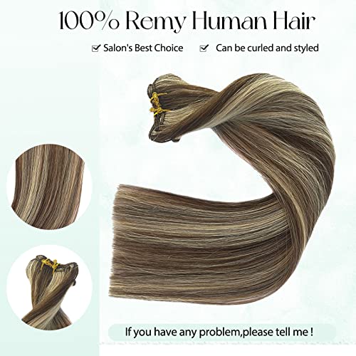 Image of Clip in Hair Extensions Real Human Hair Brown to 613 Blonde Highlights Remy Clip in Human Hair Extensions Natural Hair Extensions 18 Inch 7 Pieces 70G