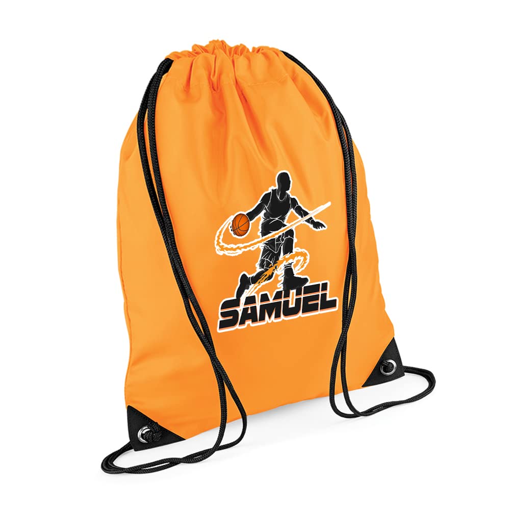 Personalised Basketball Player ANY NAME Sports Lover Gift for Men, Boy, Friend, Birthday present Drawstring Bag, PE Gym Kit Swimming, Sport Rucksack. (Fluorescent Orange) โ image 1