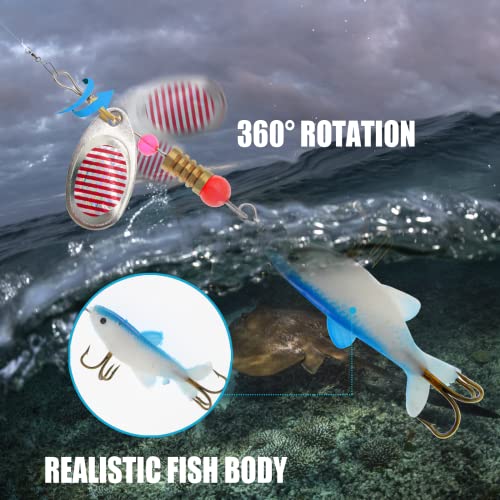 Gefischtter 6Pcs Fishing Soft Plastic Lures Fishing Spinners Spoons Lures with 2 Treble Hooks Trout Bass Fishing Baits Kit