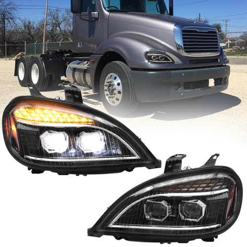 Sunhua LED Headlights Assembly fit For 2004-2017 Freightliner Columbia Chrome Housing And Amber Reflector Headlamps (Black)