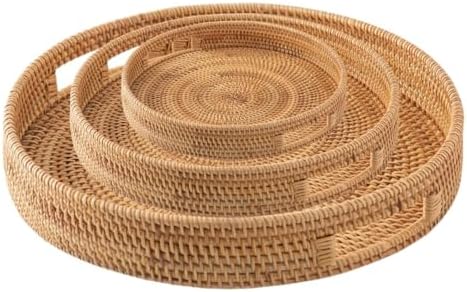 Yuvarlak Rattan Tepsi Yiyecek İçecek Servisi için Meyve Atıştırmalıkları Oturma Odasında Mutfak Çiftlik Evi Çay Odası veya Veranda Sağlam El Dokuması Yapılı (25 cm) - Görsel 4