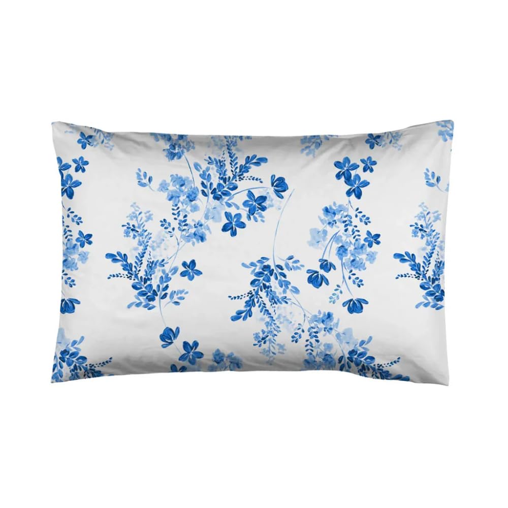 Pillowcases Pack of 2 Cotton Blue Reversible Pillowcase Double Sided Patterned Floral Striped Pillow Covers 2pcs (50x75cm Sevilla Blue)