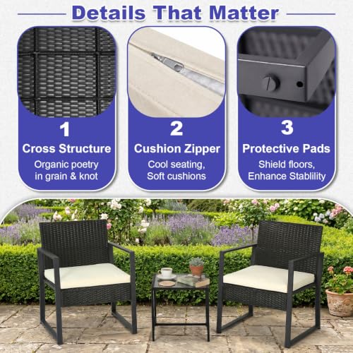 Image of FDW | 3-Piece Patio Furniture Set | Khaki |Outdoor Wicker Furniture with Coffee Table | Modern Rattan Chairs Conversation Set | Outdoor Seating | Weather-Resistant | for Porch, Garden, Lawn