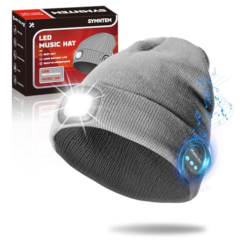 SYMNTEM Gifts for Men, Rechargeable Bluetooth Music Unisex Beanie Hat with Light, Valentines Day Gifts for Him, Birthday Gifts for Men, Women, Grey