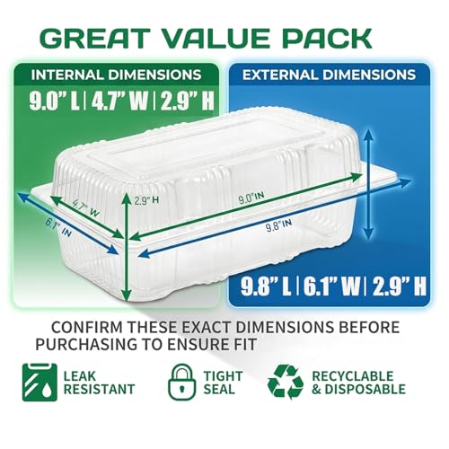 Kaderron Disposable Plastic Hinged Food Container - 50 Pcs Upgrade and Thicken Clear Clamshell Food Containers, Internal Size 9" Length x 4.7" Width x 2.9" Depth (9.0"x4.7"x2.9"-50 Count) by Kaderron - Image 2